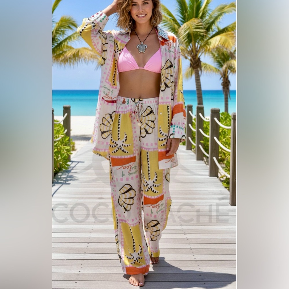Tropical Print Two Piece Oversized Shirt Loose Pants Cover-Up Matching Set